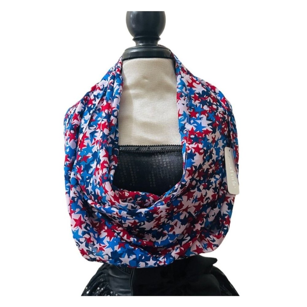 Charming Charlie Infinity Scarf Red White Blue Stars July Fourth 20 x 72 Inches